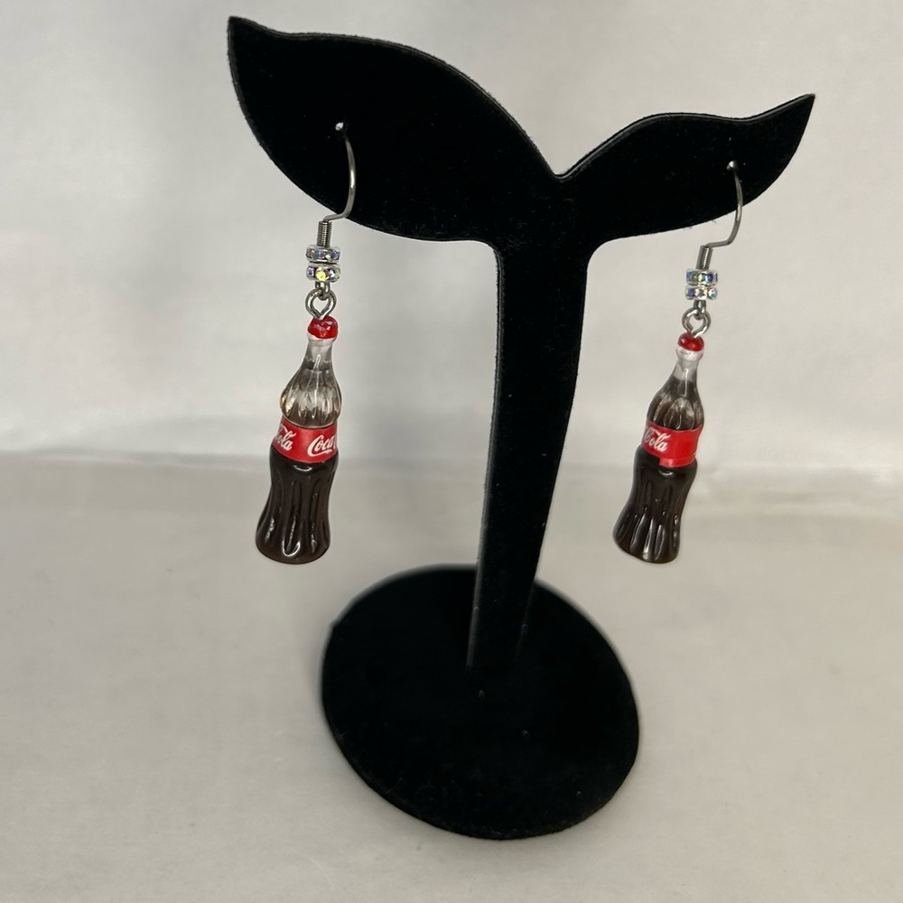 NEW Handmade Silver Tone Drink Cola Bottle Hook Style Pierced Earring AB Crystal